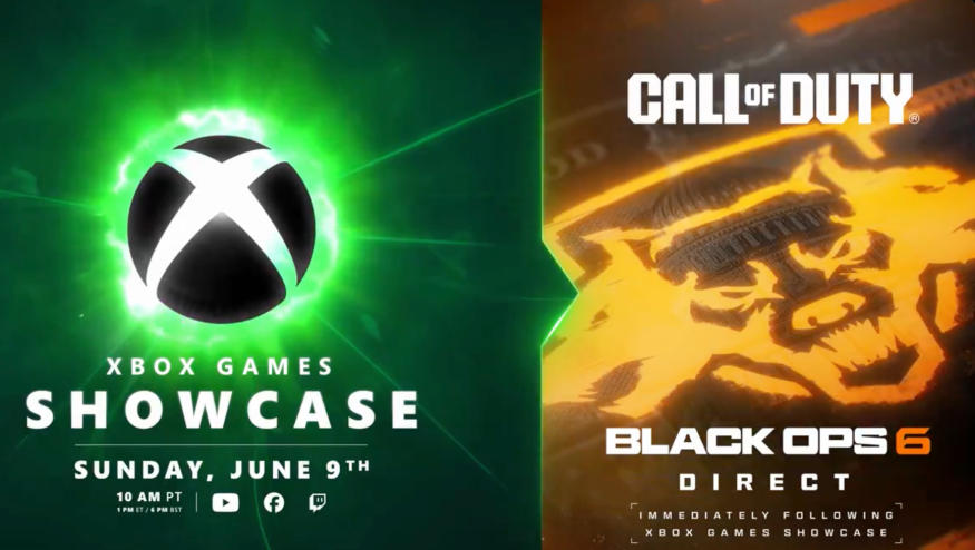 Teaser image in two panels. Left: Xbox Games Showcase with a June 9 date. Right: Call of Duty: Black Ops 6 Direct. Logos for both.