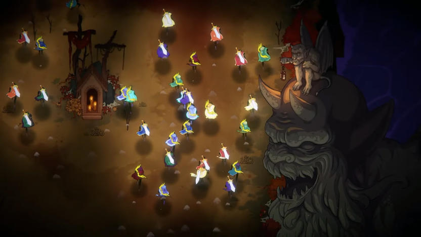 Screenshot from the game ‘33 Immortals,’ featuring 33 players traversing a dark dungeon. It has a retro animation style.