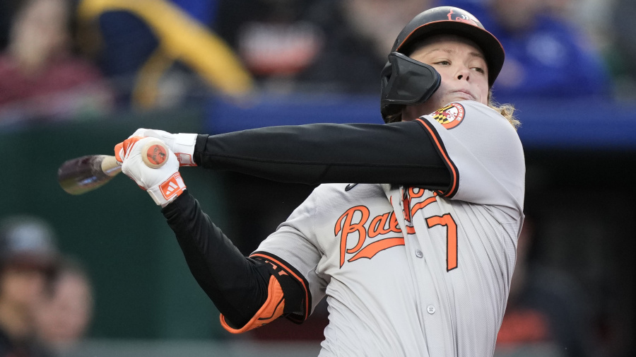 Associated Press - Baltimore Orioles' Jackson Holliday bats during the third inning of a baseball game against the Kansas City Royal Friday, April 19, 2024, in Kansas City, Mo. (AP Photo/Charlie Riedel)