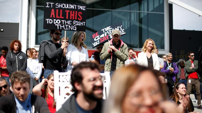 LOS ANGELES, CA - MAY 06: Workers at Riot Games listen to a speaker during a staged walk out at Riot Games to protest the company's move to force arbitration on sexual harassment lawsuits on May 6, 2019, in Los Angeles, California. (Photo By Dania Maxwell/Los Angeles Times via Getty Images)