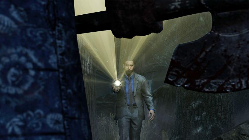 Alan Wake shines a flashlight through darkness in Dead by Daylight.  