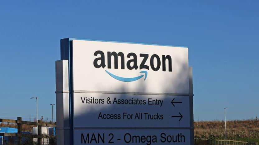 WARRINGTON, ENGLAND - DECEMBER 07:  The Amazon logo is displayed outside the Amazon UK Services Ltd Warehouse on December 07, 2022 in Warrington, England . 