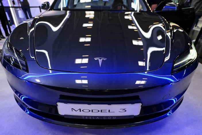 Tesla's Model 3 is displayed during an event a day ahead of the official opening of the 2023 Munich Auto Show IAA Mobility, in Munich, Germany, September 4, 2023. REUTERS/Angelika Warmuth