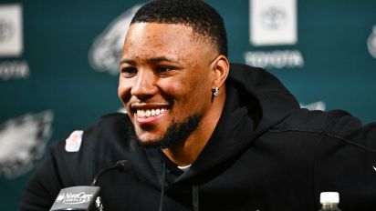 Reuters - Mar 14, 2024; Philadelphia, PA, USA; Philadelphia Eagles running back Saquon Barkley speaks during a press conference after signing with the team. Mandatory Credit: Kyle Ross-USA TODAY Sports