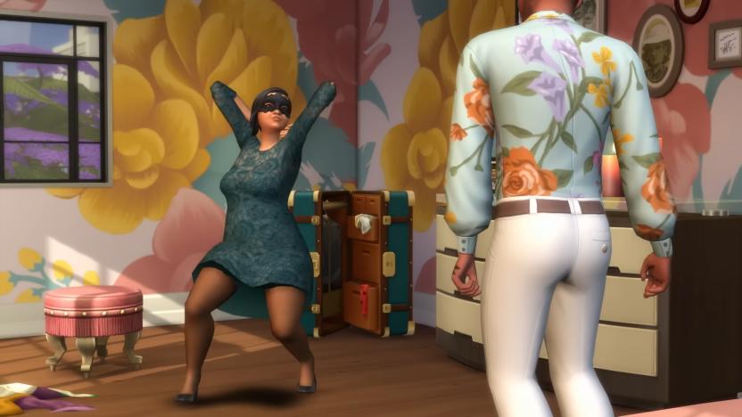 Still from the Sims 4 Lovestruck expansion. A person in a blindfold and dress thrusts their pelvis while a person in a swanky flowered shirt watches with interest. Bedroom.