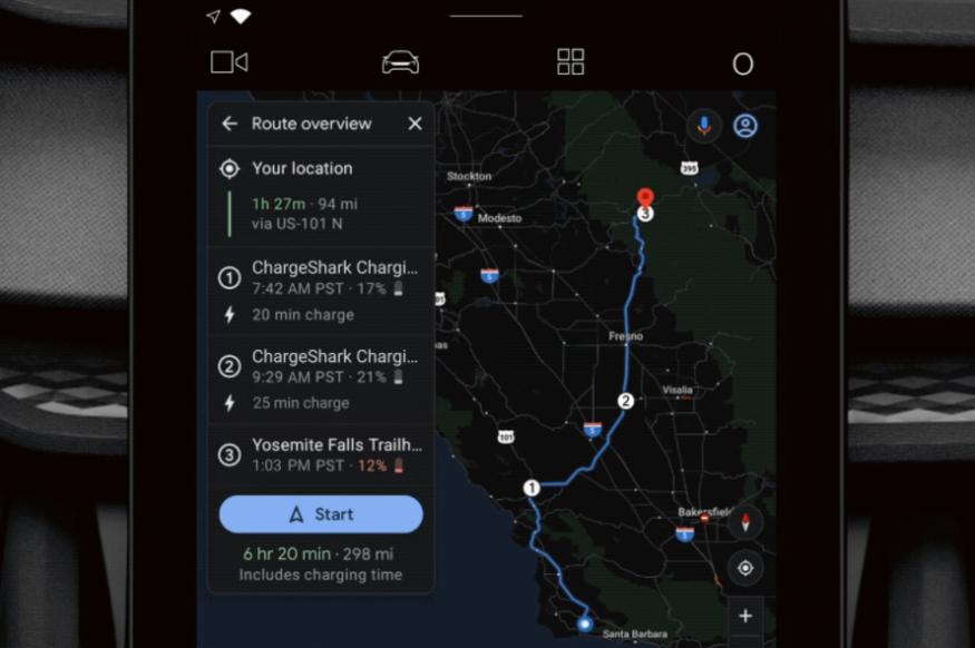 A version of Google Maps built in to electric vehicles that shows off route planning around charging stations.