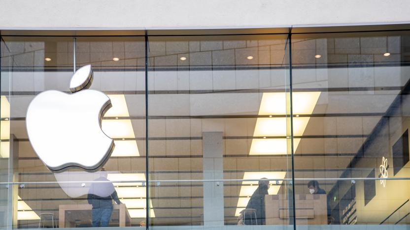 People in the Apple Store. Many people use the occasion on March 16 2021 to shop in  Munich downtown. As the incidence is over 50 and is rising, one has to register before buying. (Photo by Alexander Pohl/NurPhoto via Getty Images)