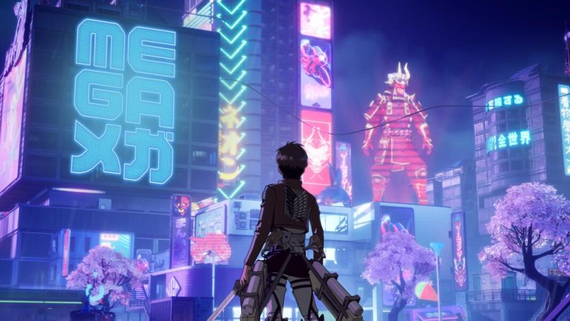 A Fortnite character wearing an Eren Yeager outfit is shown from behind. In the background, a futuristic "Neo-Tokyo" cityscape is shown, including a large neon sign that reads "Mega."