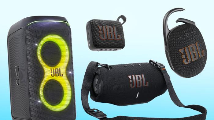 A collage of four JBL speakers: PartyBox 120, Xtreme 4, Go 4 and Clip 5.