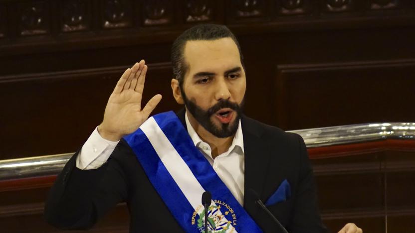 SAN SALVADOR, EL SALVADOR  JUNE 01: Salvadoran President Nayib Bukele gestures during a speech for his second anniversary in power on June 1, 2021 in San Salvador, El Salvador. (Photo by Emerson Flores/APHOTOGRAFIA/Getty Images)