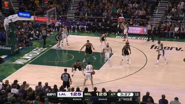 LeBron James with a deep 3 vs the Milwaukee Bucks