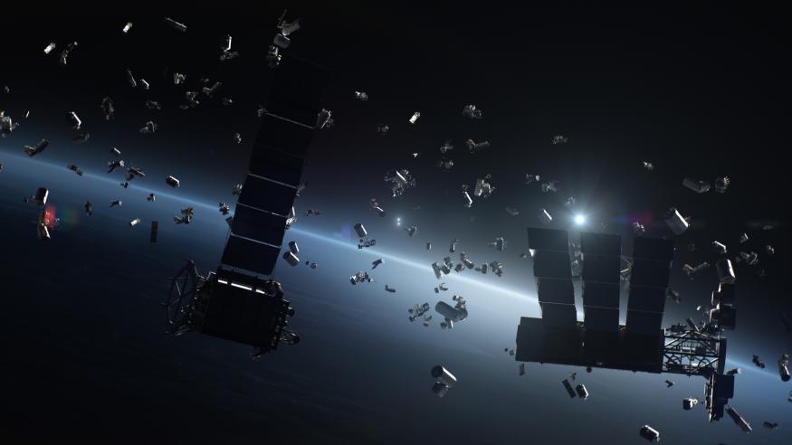 3D render of waste from broken artificial satellites floating in orbit in space around planet Earth