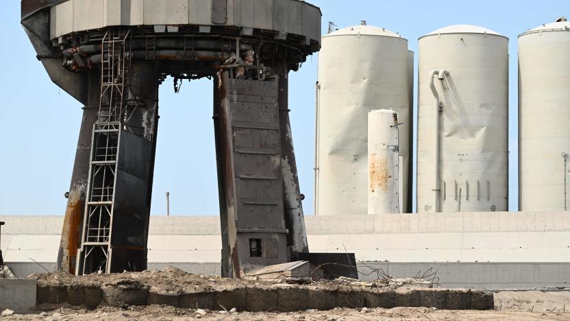 Debris litters the launch pad and dmaged tanks (R rear) on April 22, 2023, after the SpaceX Starship lifted off on April 20 for a flight test from Starbase in Boca Chica, Texas. - The rocket successfully blasted and the Starship capsule had been scheduled to separate from the first-stage rocket booster three minutes into the flight but separation failed to occur and the rocket blew up. (Photo by Patrick T. Fallon / AFP) (Photo by PATRICK T. FALLON/AFP via Getty Images)