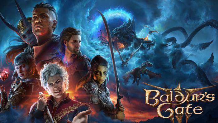 Key art for Baldur's Gate III showing a character in the forefront with a hand reached out, another holding a sword and four others in the background.