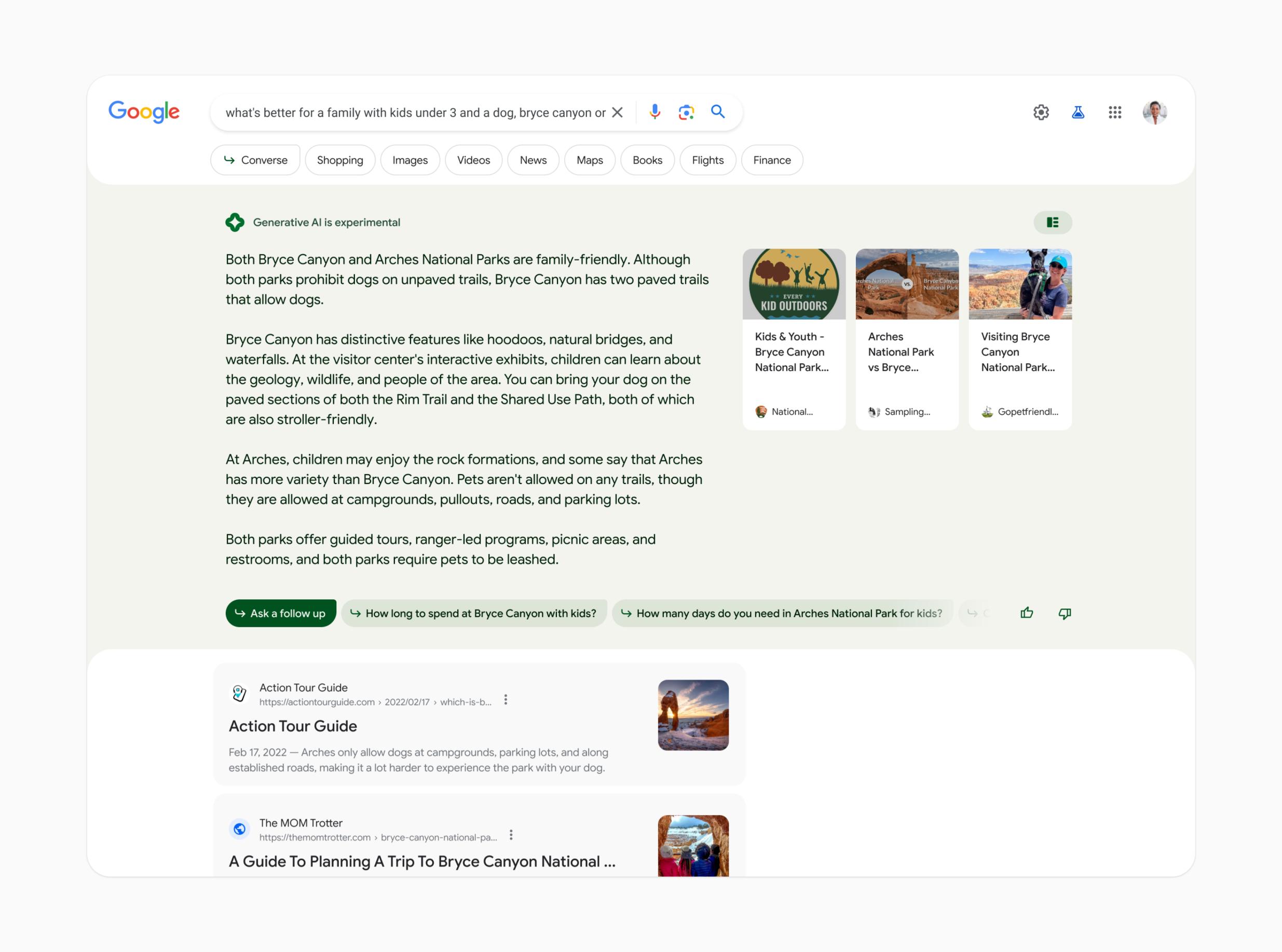 A screenshot showing the new Google Search Generative Experience (SGE) with answers on what to do in Bryce Canyon.