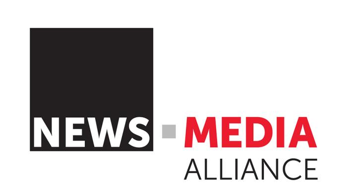 Logo for The News / Media Alliance, featuring white, red and black fonts on black and white backgrounds.