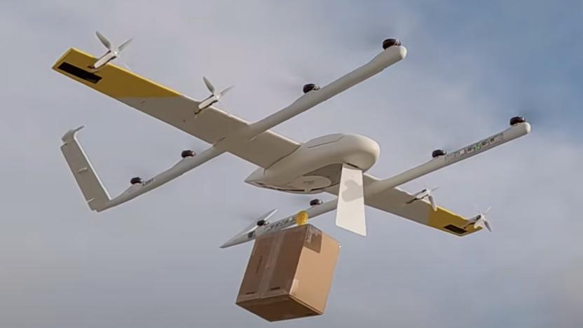 The new Wing drone holding a package. 