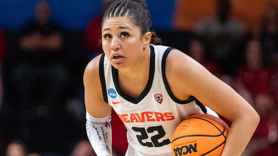 Getty Images - CORVALLIS, OREGON - MARCH 24:  Guard Talia von Oelhoffen #22 of the Oregon State Beavers looks up at the shot clock during the fourth quarter of the 2024 NCAA Womens Basketball Tournament second round game against the Nebraska Cornhuskers at Gill Coliseum on March 24, 2024 in Corvallis, Oregon. (Photo by Ali Gradischer/Getty Images)