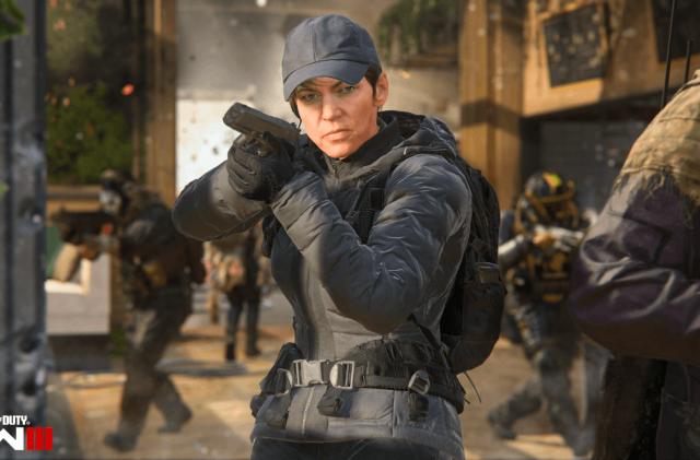 A computer graphic illustration of a person holding a gun. In the background are other people wearing tactical gear.