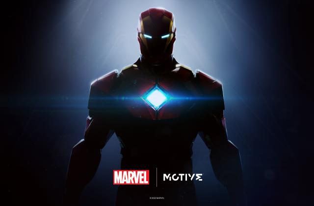 Silhouette of Iron Man behind Marvel and EA logos