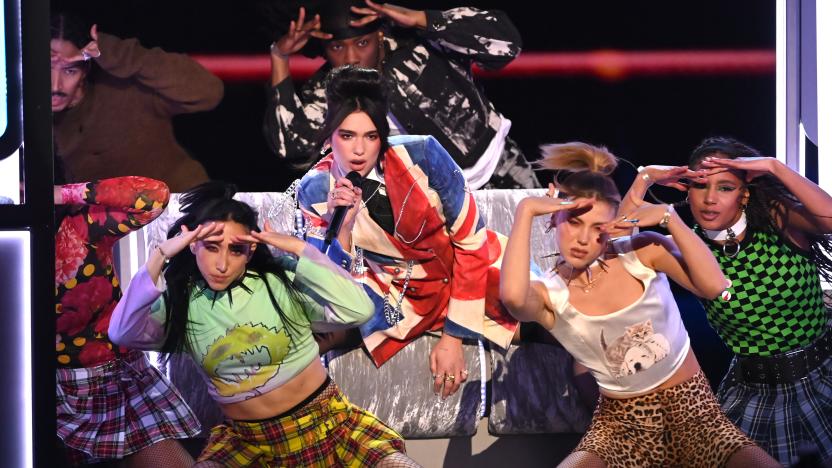 LONDON, ENGLAND - MAY 11: Dua Lipa performs on stage during The BRIT Awards 2021 at The O2 Arena on May 11, 2021 in London, England. (Photo by Dave J Hogan/Getty Images)