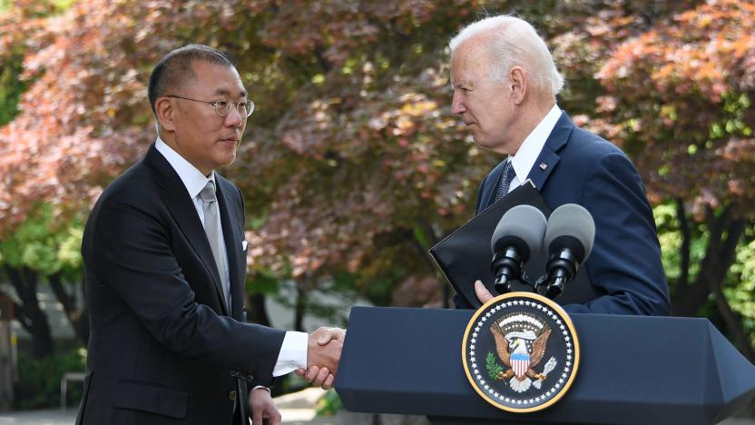 Hyundai executive chairman Euisun Chung shaking hands with US President Joe Biden. 