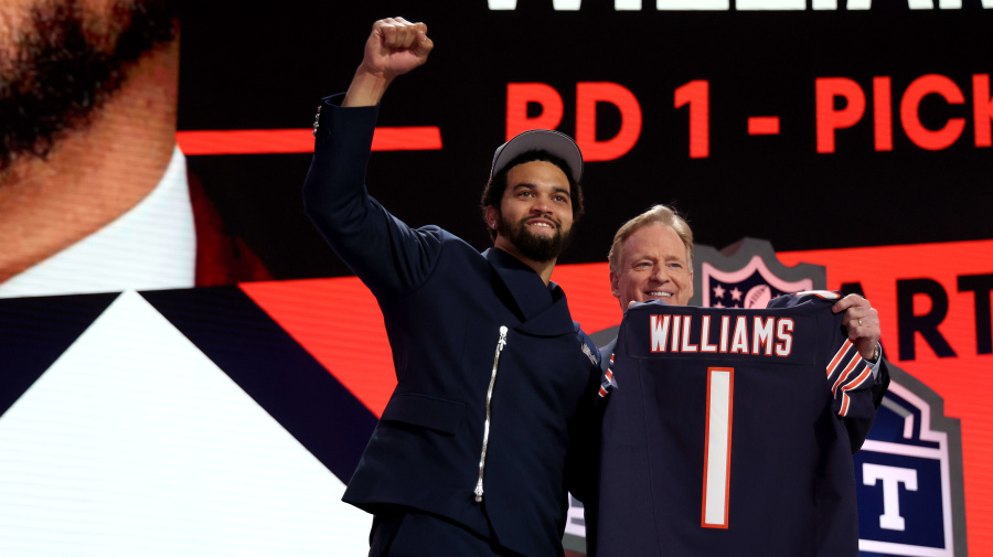 Getty Images - DETROIT, MICHIGAN - APRIL 25: (L-R) Caleb Williams poses with NFL Commissioner Roger Goodell after being selected first overall by the Chicago Bears during the first round of the 2024 NFL Draft at Campus Martius Park and Hart Plaza on April 25, 2024 in Detroit, Michigan. (Photo by Gregory Shamus/Getty Images)