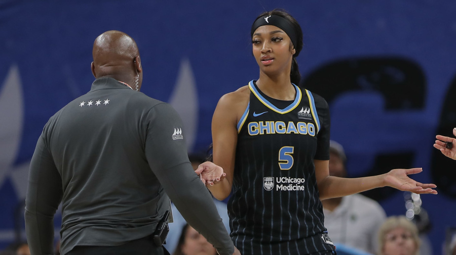 Getty Images - CHICAGO, IL - JUNE 04: Angel Reese #5 of the Chicago Sky reacts after being ejected from the game during the second half against the New York Liberty on June 4, 2024 at Wintrust Arena in Chicago, Illinois. (Photo by Melissa Tamez/ Icon Sportswire)