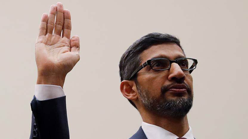 Google CEO Sundar Pichai is sworn in prior to testifying at a House Judiciary Committee hearing “examining Google and its Data Collection, Use and Filtering Practices” on Capitol Hill in Washington, U.S., December 11, 2018. REUTERS/Jim Young