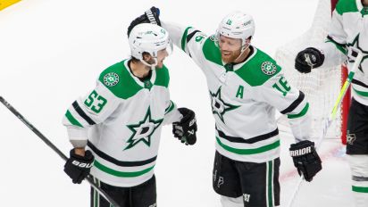 Getty Images - DENVER, COLORADO - MAY 13: Wyatt Johnston #53 (left) and Joe Pavelski #16 of the Dallas Stars celebrate after Johnston scored his second goal of the game in the second period of Game Four of the Second Round of the Stanley Cup Playoffs against the Colorado Avalanche at Ball Arena on May 13, 2024 in Denver, Colorado. (Photo by Ashley Potts/NHLI via Getty Images)