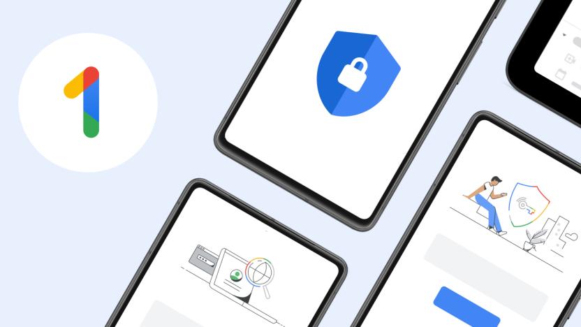 Google One illustration featuring smartphone screens with security symbols and a laptop search doodle.