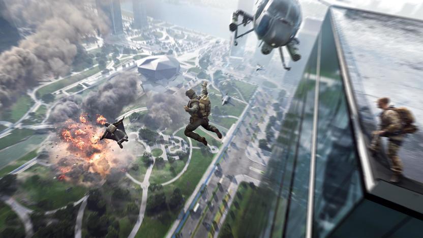 Battlefield 2042: Players jumping off of a rooftop.