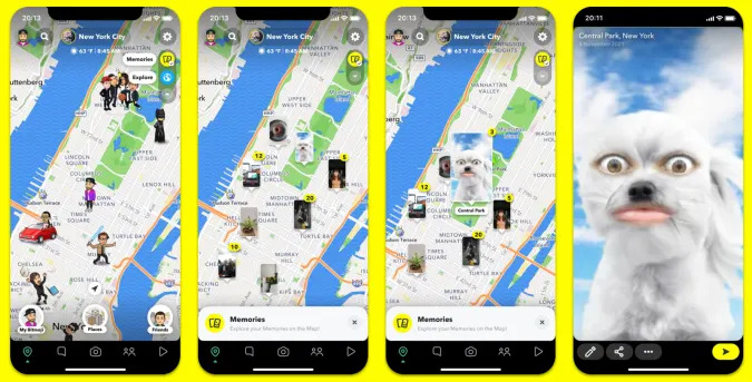 Screenshots of the Memories layer in Snapchat's Snap Map, showing locations from which users had posted photos and videos to the app to help them relive their favorite moments.