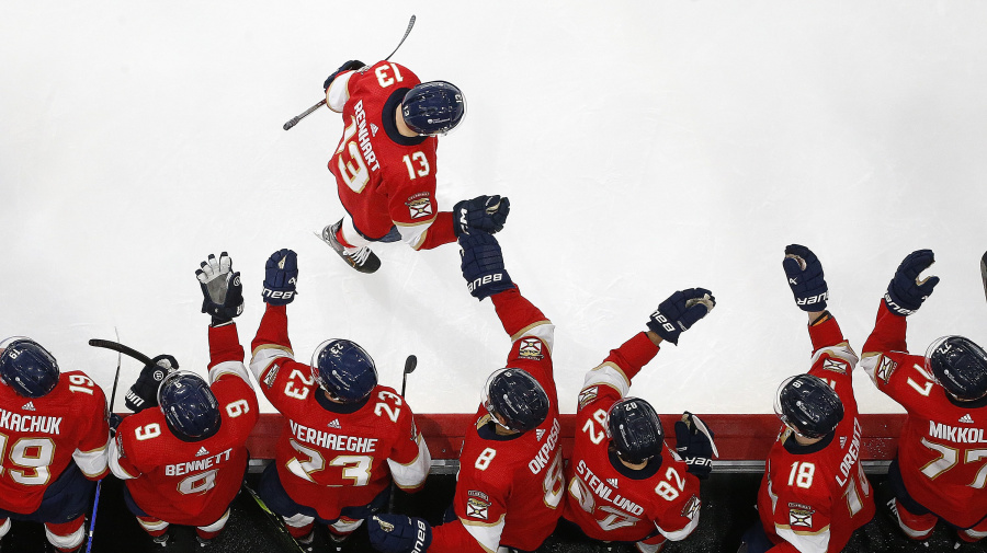 Getty Images - SUNRISE, FLORIDA - MAY 14: Sam Reinhart #13 of the Florida Panthers celebrates his goal with teammates during the second period against the Boston Bruins in Game Five of the Second Round of the 2024 Stanley Cup Playoffs at the Amerant Bank Arena on May 14, 2024 in Sunrise, Florida. (Photo by Eliot J. Schechter/NHLI via Getty Images)