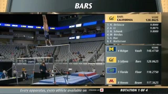 California's Maya Bordas near Perfect-10 on bars, becomes program's first-ever national champion and shares uneven bars individual title at the 2021 NCAA Women's Gymnastics Championship