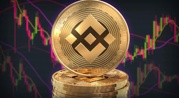 A Binance Coin sits in front of trading charts. Binance price predictions