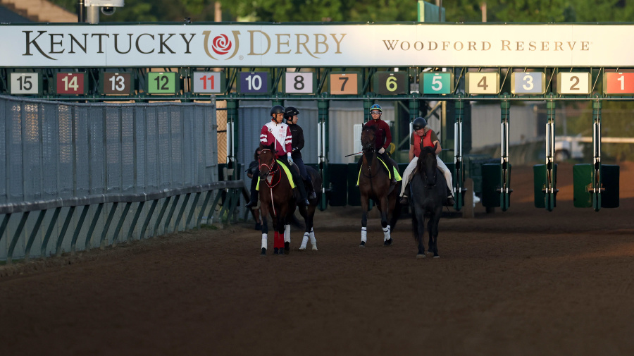 Getty Images - LOUISVILLE, KENTUCKY - MAY 02: Forever Young and T O Password walk on the track during morning workouts ahead of the 150th running of the Kentucky Derby at Churchill Downs on May 02, 2024 in Louisville, Kentucky.  (Photo by Rob Carr/Getty Images)