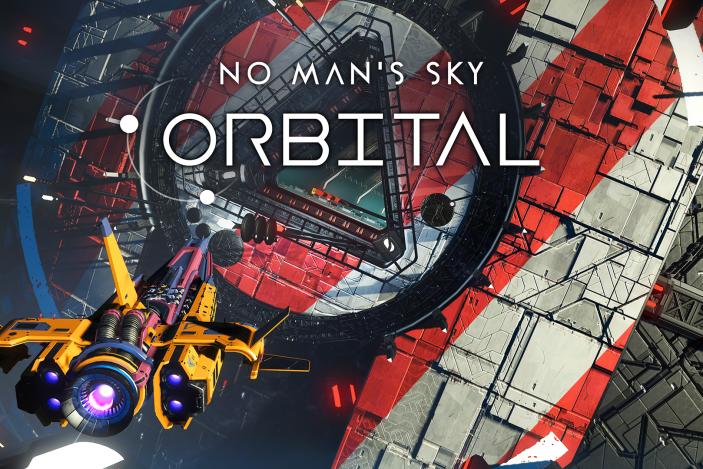 Title art for the No Man’s Sky: Orbital update. View from behind of a yellow ship approaching the entrance to a largely red and white space station.