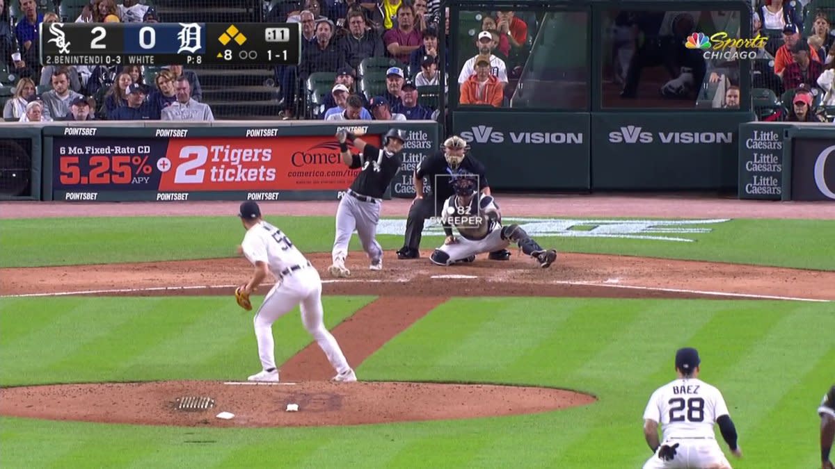 Andrew Benintendi of the Chicago White Sox reacts after his second