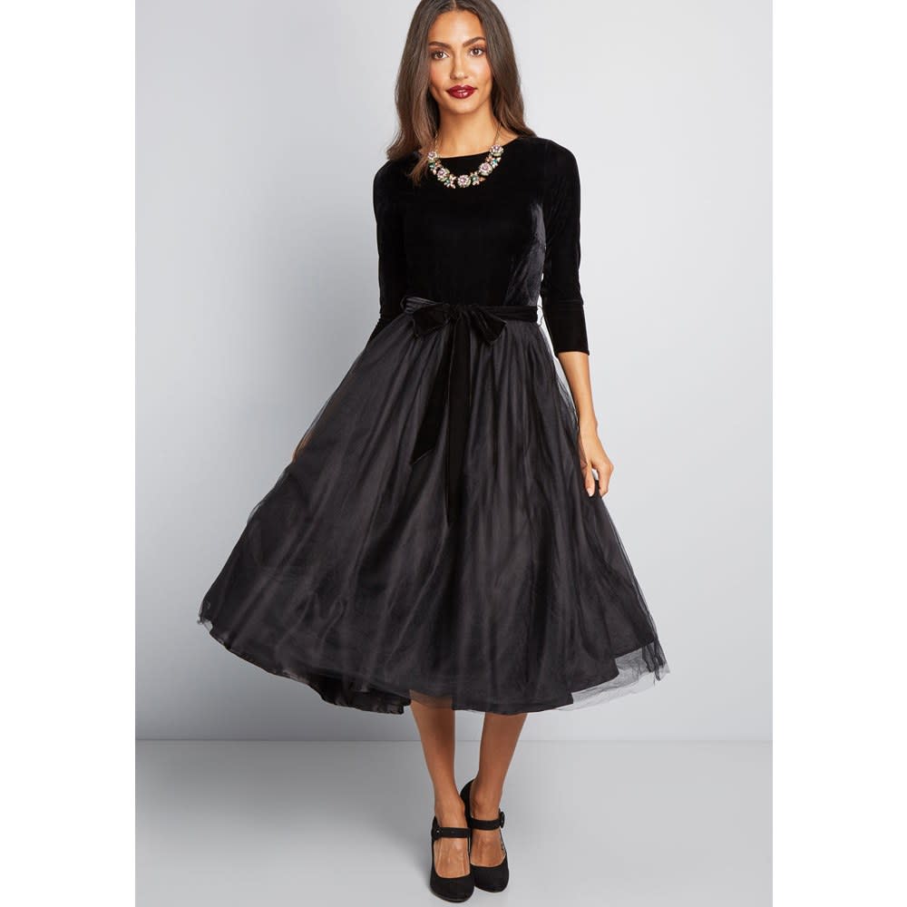 velvet bodice tulle midi dress