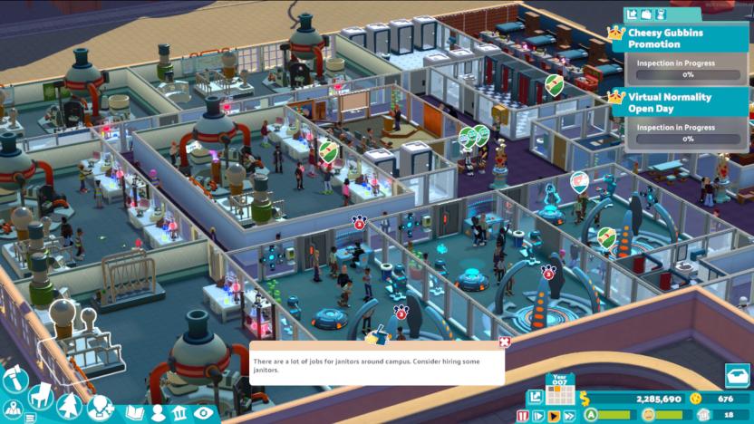 A still image from the video game 'Two Point Campus' showing a crowded multi-room venue from above.