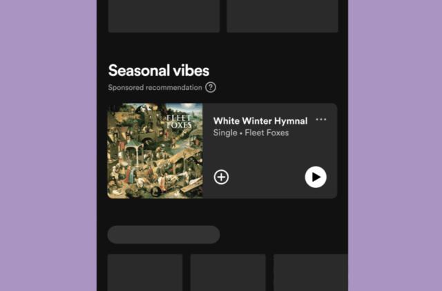 A screenshot of a phone screen showing that says "Seasonal Vibes" as its headline with "sponsored recommendation" underneath. 