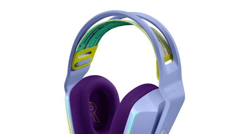Purple headphones with a green band. 