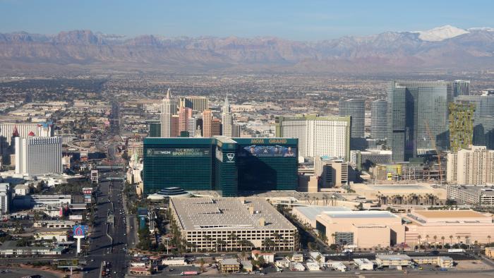 LAS VEGAS, NEVADA - FEBRUARY 16: A general overall aerial view of the MGM Grand hotel and casino on the Las Vegas strip on February 16, 2024 in Las Vegas, Nevada. (Photo by Kirby Lee/Getty Images)