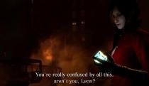 A still from RE6 that shows a woman saying "You're really confused by all this, aren't you, Leon?"