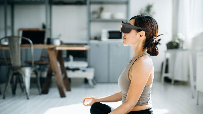 Promotional image of the HTC Flow being used for meditation.