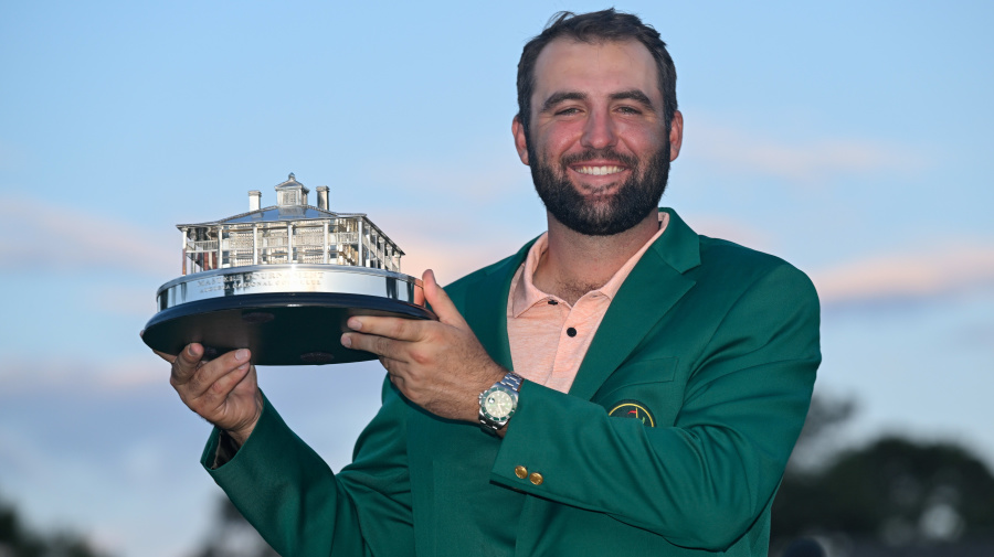 Getty Images - AUGUSTA, GEORGIA - APRIL 14: Scottie Scheffler poses with the winner's trophy as the 2024 Masters Champion after the final round of Masters Tournament at Augusta National Golf Club on April 14, 2024 in Augusta, Georgia. (Photo by Ben Jared/PGA TOUR via Getty Images)