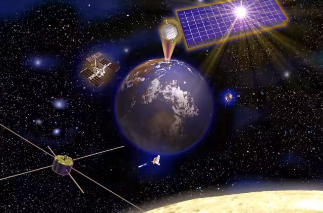 An artist's depiction of solar arrays wirelessly beaming power to Earth. 