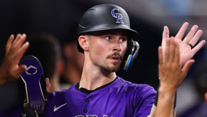Getty Images - MIAMI, FLORIDA - MAY 01: Brenton Doyle #9 of the Colorado Rockies celebrates with teammates after scoring a run against the Miami Marlins during the sixth inning of the game at loanDepot park on May 01, 2024 in Miami, Florida. (Photo by Megan Briggs/Getty Images)