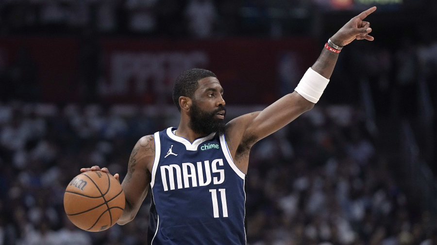 Associated Press - Dallas Mavericks guard Kyrie Irving gestures as he dribbles during the second half in Game 5 of an NBA basketball first-round playoff series Los Angeles Clippers Wednesday, May 1, 2024, in Los Angeles. (AP Photo/Mark J. Terrill)